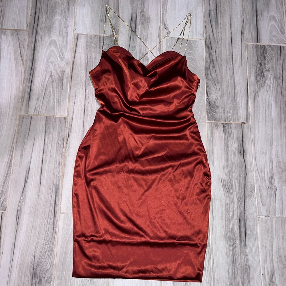 Satin Brunt Orange Mini Dress with Rhinestone Straps